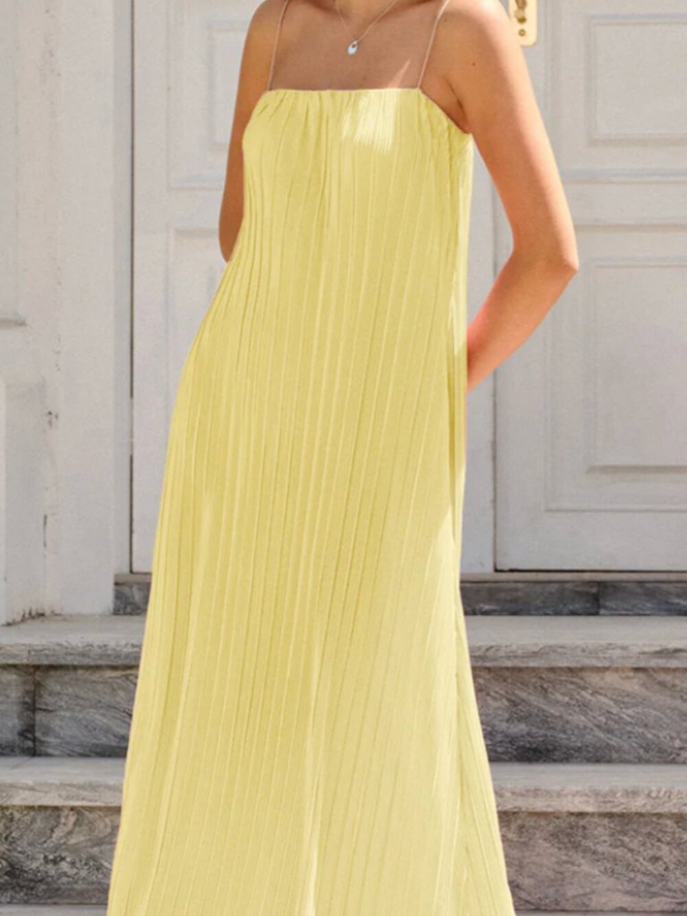 NWT (Large) Yellow Spaghetti-Strapped Vertical-Pleated Maxi Dress - Picture 2 of 2